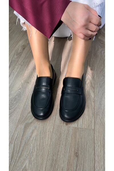 Mera siyah çilt Hakiki Deri Düz Taban Kadın Babet
