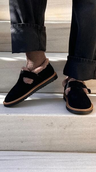 Vayne Hakiki Deri Düz Taban Kadın lover kürklü